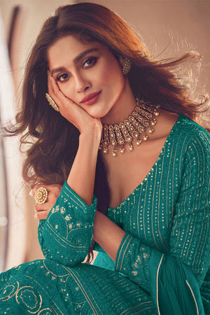 Turquoise Sequin with Embroidered Georgette Gown