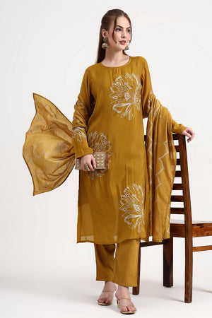 Mustard Embroidered Silk Straight Cut Suit Set