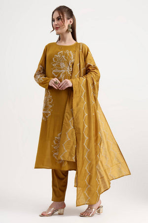 Mustard Embroidered Silk Straight Cut Suit Set