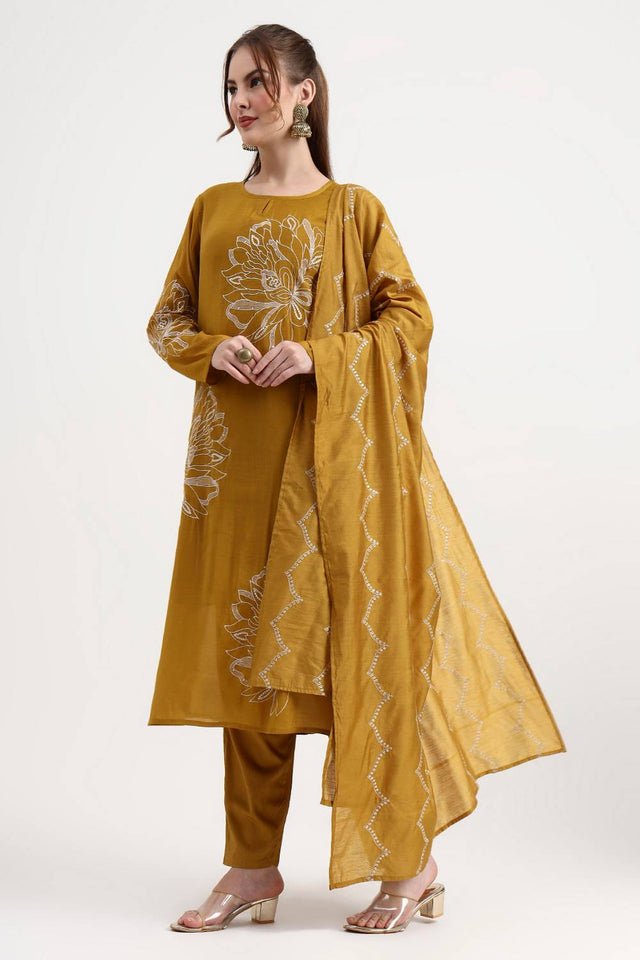Mustard Embroidered Silk Straight Cut Suit Set
