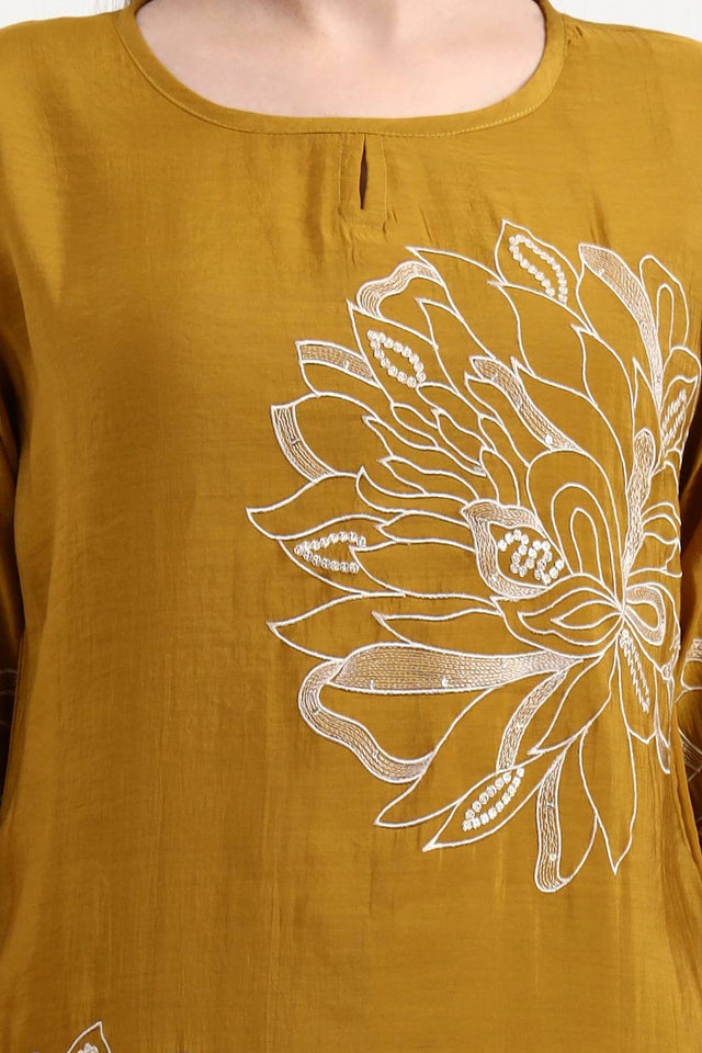 Mustard Embroidered Silk Straight Cut Suit Set
