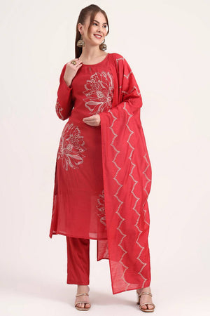 Red Embroidered Silk Straight Cut Suit Set