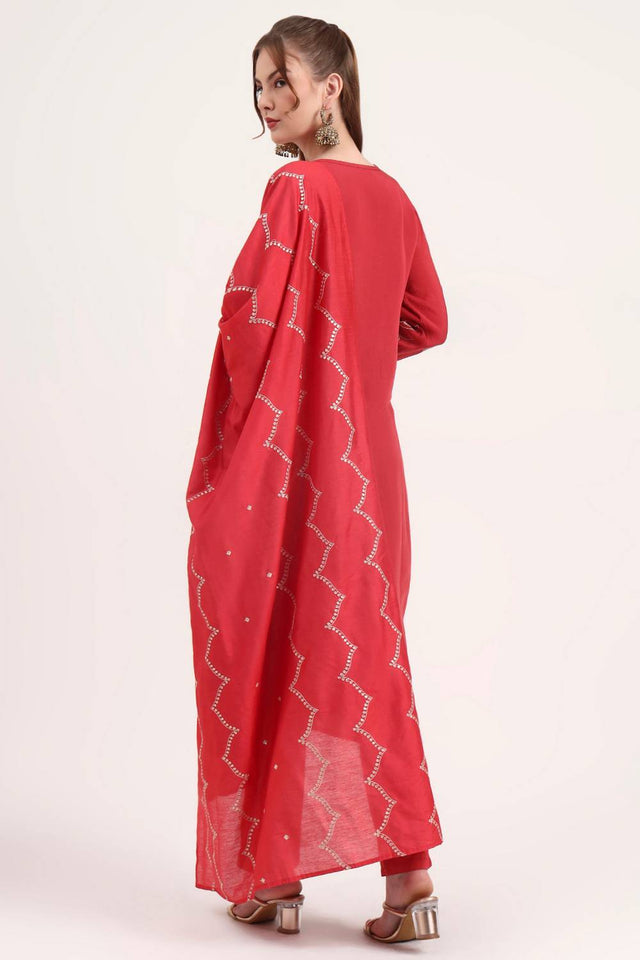 Red Embroidered Silk Straight Cut Suit Set