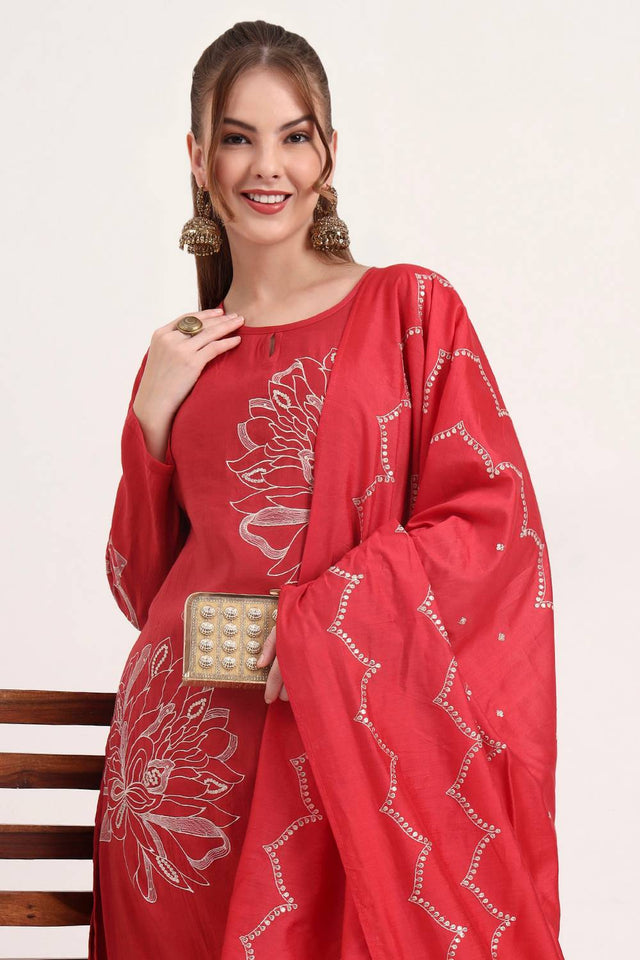 Red Embroidered Silk Straight Cut Suit Set