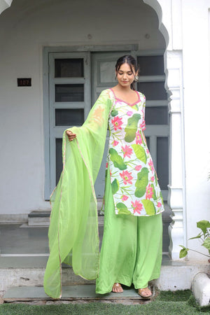 White Floral Printed Chiffon Kurti Palazzo Set (123shortgreen)