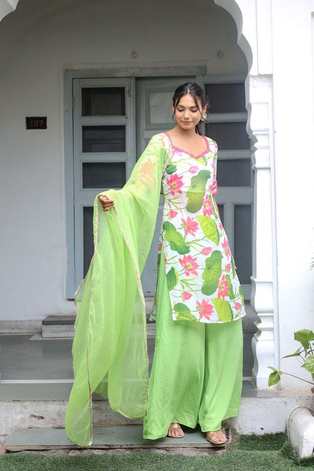White Floral Printed Chiffon Kurti Palazzo Set (123shortgreen)