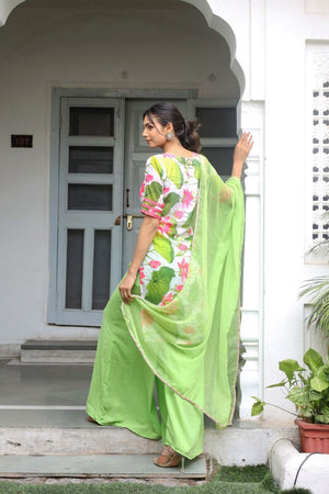 White Floral Printed Chiffon Kurti Palazzo Set (123shortgreen)