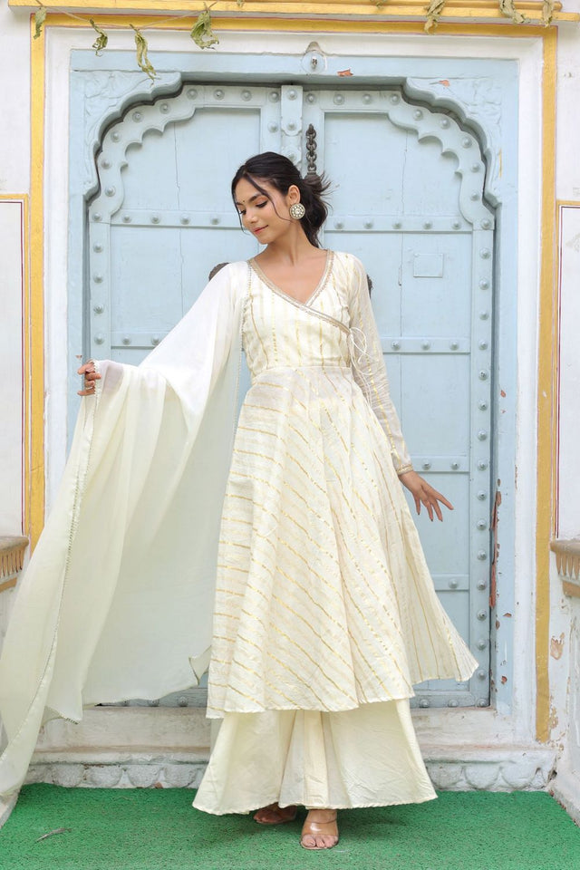 Off White Striped Cotton Kurti Palazzo Set (125goldstripe)