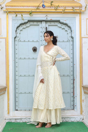 Off White Striped Cotton Kurti Palazzo Set (125goldstripe)