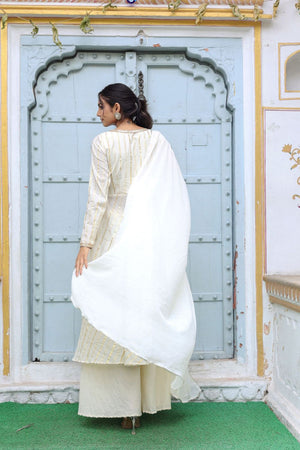 Off White Striped Cotton Kurti Palazzo Set (125goldstripe)