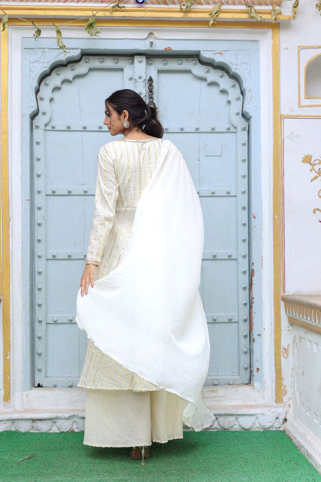 Off White Striped Cotton Kurti Palazzo Set (125goldstripe)