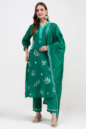 Green Embroidered Silk Straight Cut Suit Set