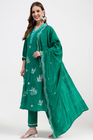Green Embroidered Silk Straight Cut Suit Set