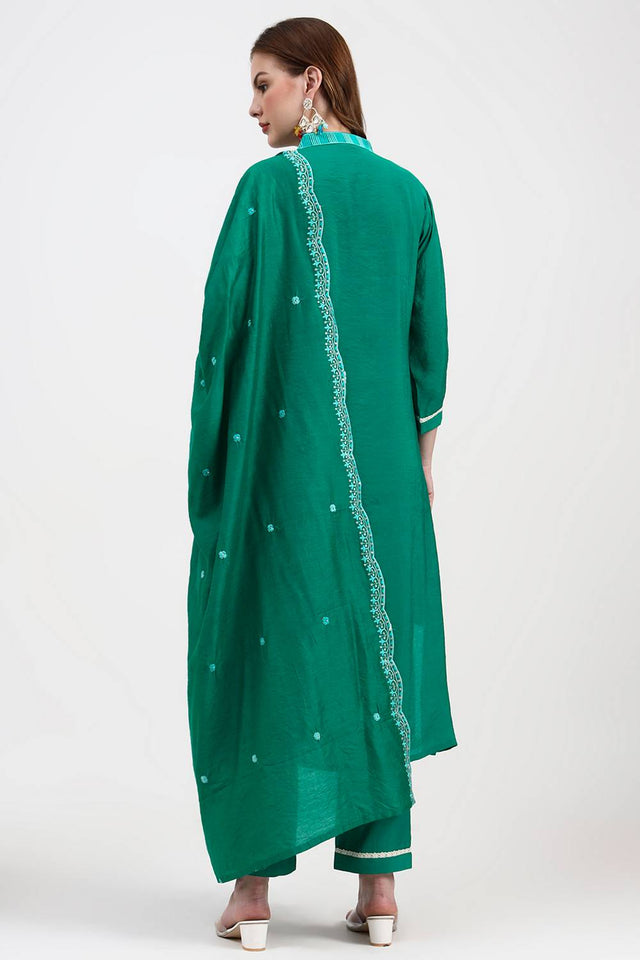 Green Embroidered Silk Straight Cut Suit Set