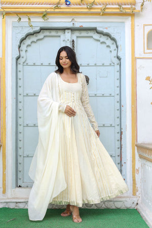 White Striped Cotton Anarkali Suit (126stripegown)