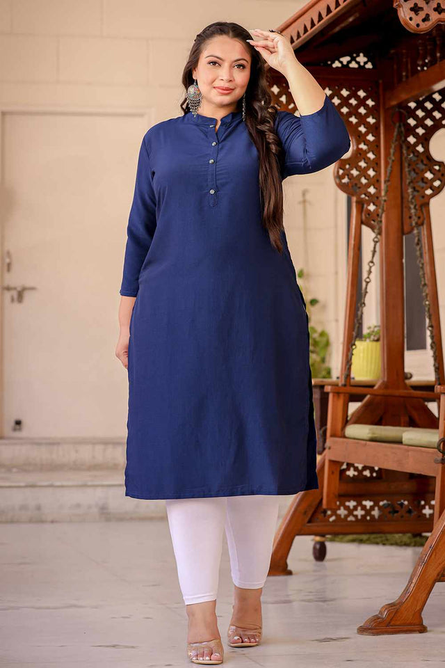 Blue Solid Silk Long Kurti
