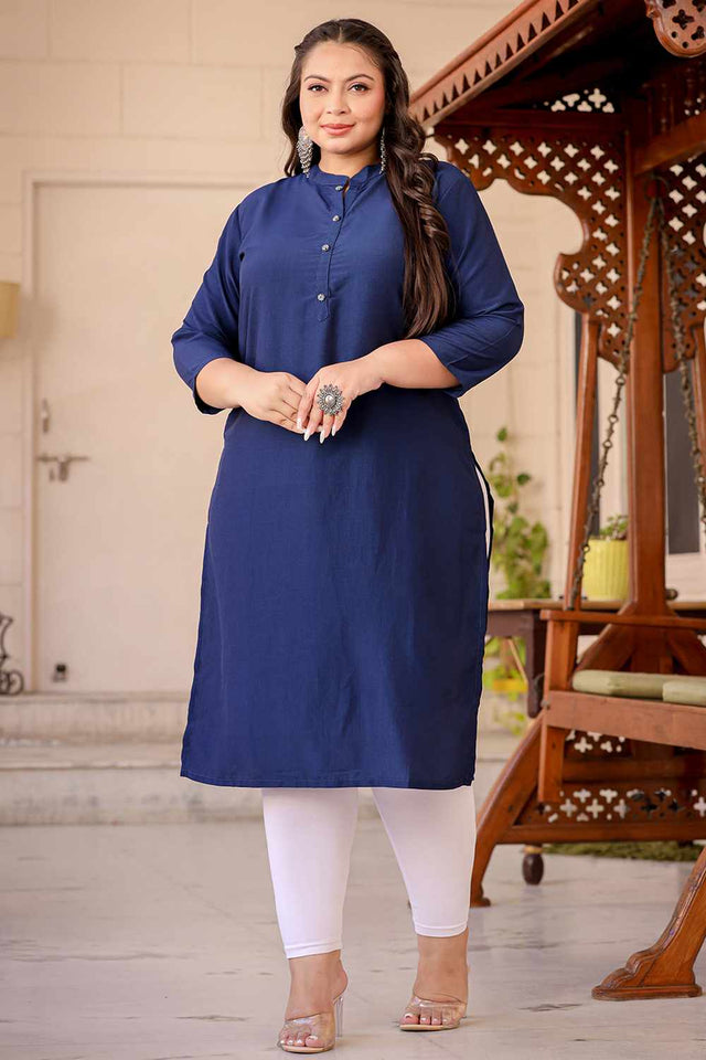 Blue Solid Silk Long Kurti