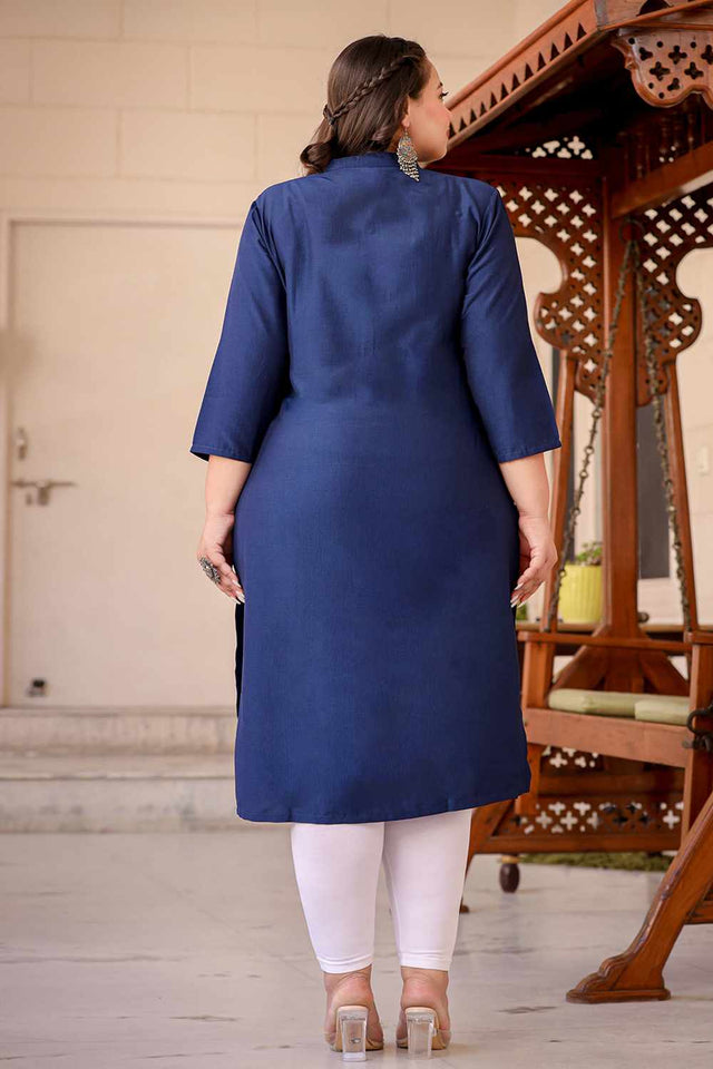 Blue Solid Silk Long Kurti