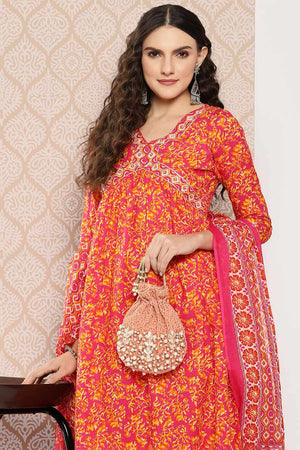 Pink Printed Cotton Kurti Pant Set
