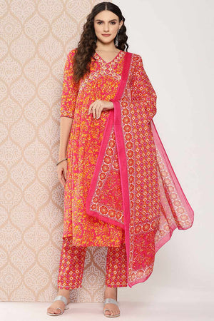 Pink Printed Cotton Kurti Pant Set