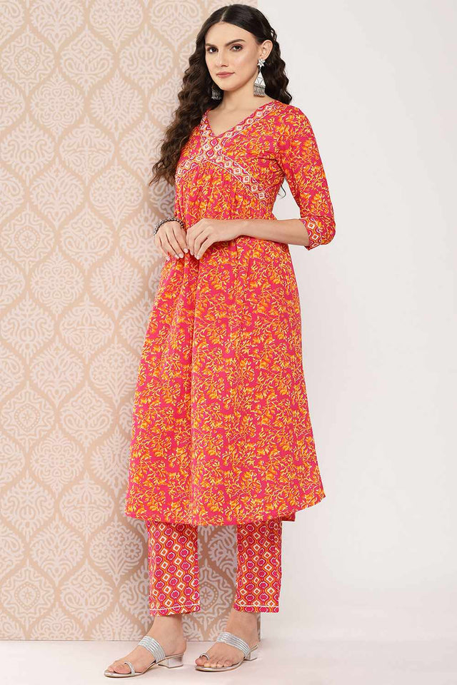 Pink Printed Cotton Kurti Pant Set