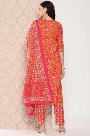 Pink Printed Cotton Kurti Pant Set