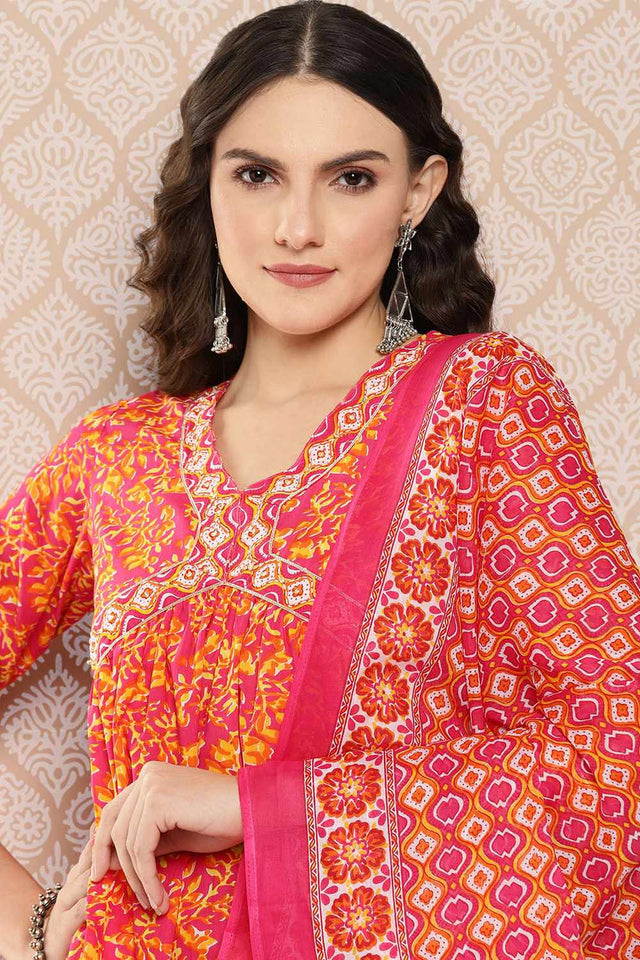 Pink Printed Cotton Kurti Pant Set