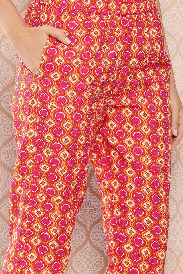 Pink Printed Cotton Kurti Pant Set