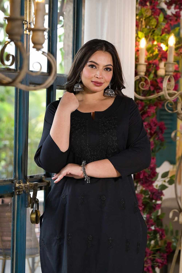Black Chikankari Cotton Long Kurti