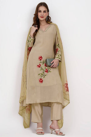 Beige Embroidered Silk Straight Cut Suit Set