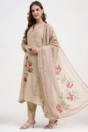 Beige Embroidered Silk Straight Cut Suit Set