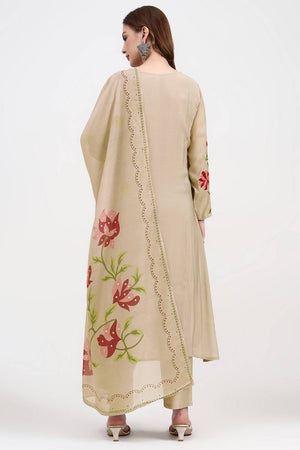 Beige Embroidered Silk Straight Cut Suit Set