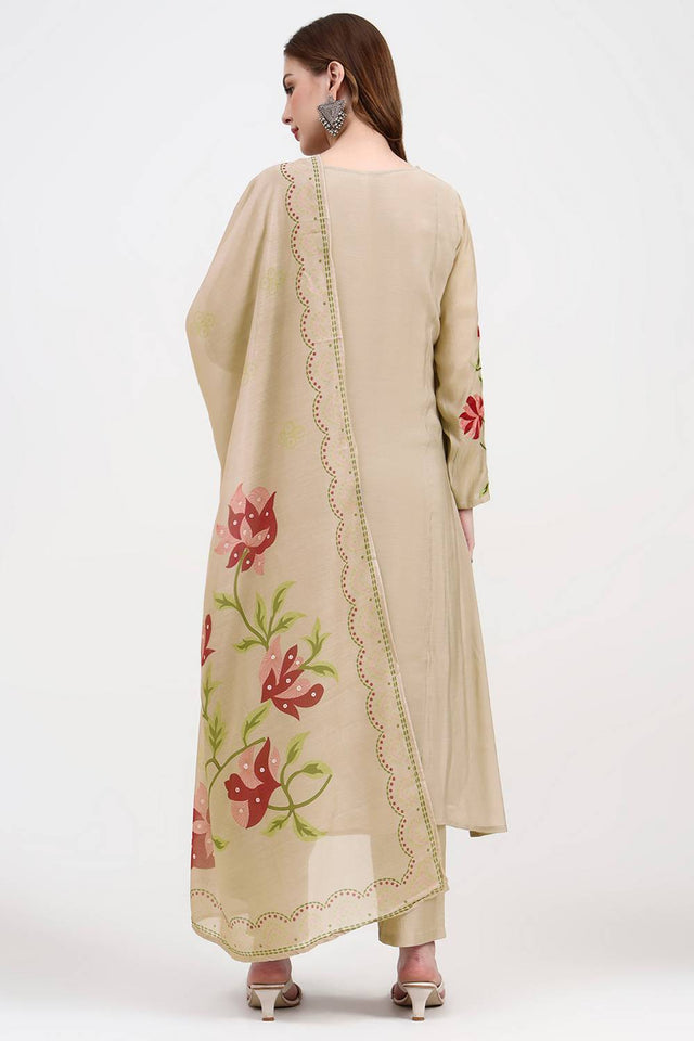 Beige Embroidered Silk Straight Cut Suit Set