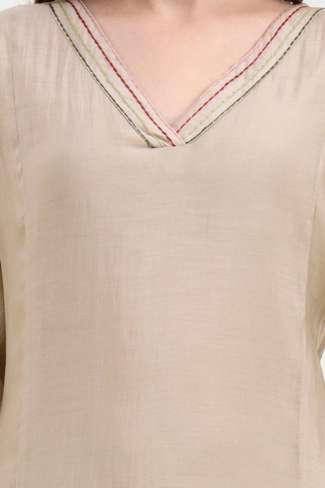 Beige Embroidered Silk Straight Cut Suit Set