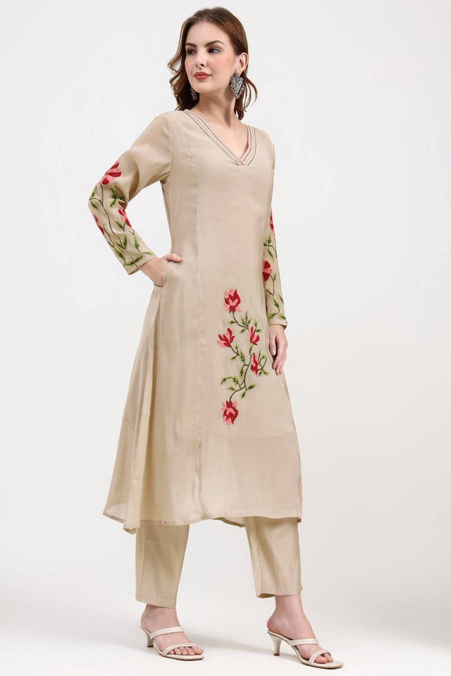 Beige Embroidered Silk Straight Cut Suit Set