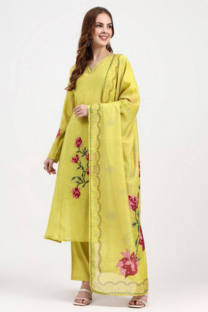 Yellow Embroidered Silk Straight Cut Suit Set