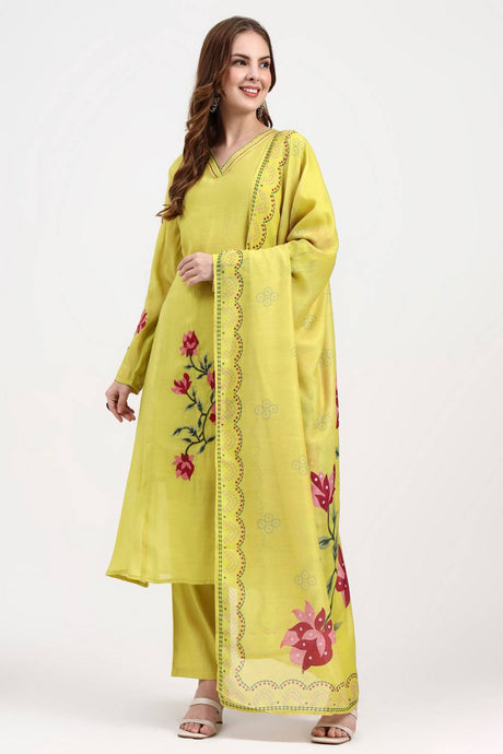 Yellow Embroidered Silk Straight Cut Suit Set