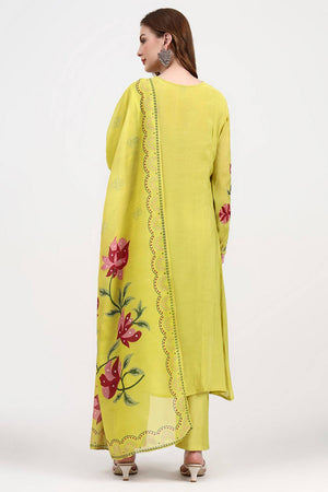 Yellow Embroidered Silk Straight Cut Suit Set