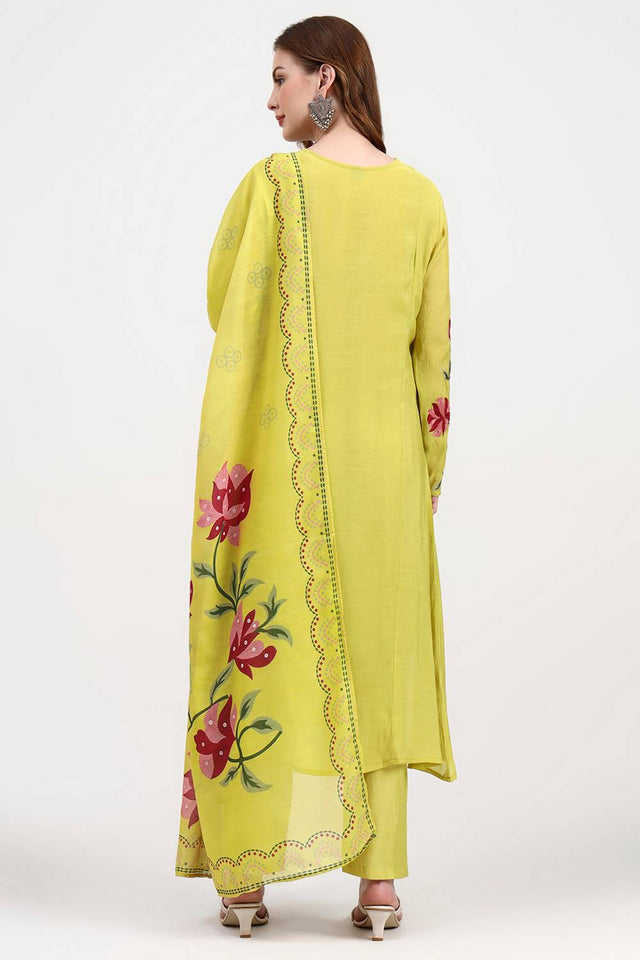Yellow Embroidered Silk Straight Cut Suit Set
