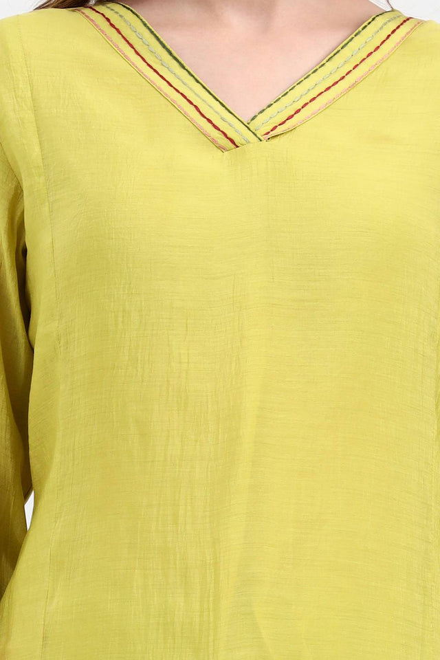 Yellow Embroidered Silk Straight Cut Suit Set