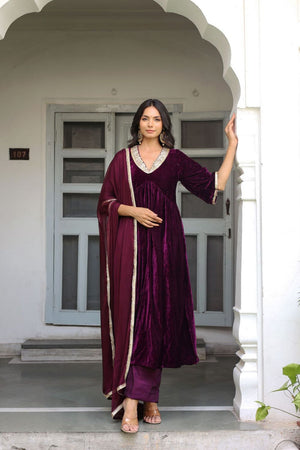Wine Solid Velvet Anarkali Suit (128winevelvet)
