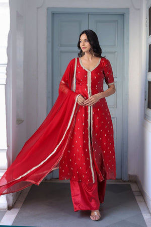 Red Embroidered Chinon Kurti Pant Set (130red embroidered)