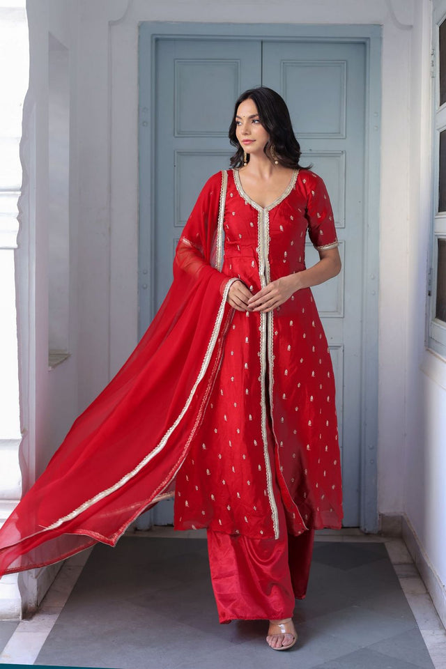Red Embroidered Chinon Kurti Pant Set (130red embroidered)