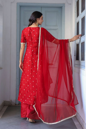 Red Embroidered Chinon Kurti Pant Set (130red embroidered)