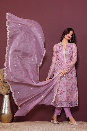 Pink Floral Embroidered Organza Kurti Pant Set (131organza)