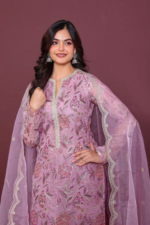 Pink Floral Embroidered Organza Kurti Pant Set (131organza)