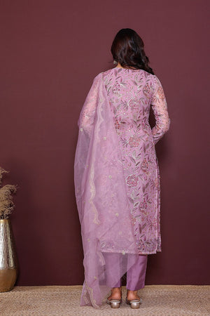 Pink Floral Embroidered Organza Kurti Pant Set (131organza)