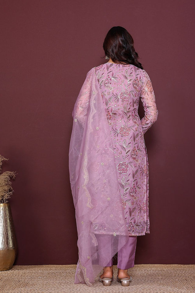 Pink Floral Embroidered Organza Kurti Pant Set (131organza)