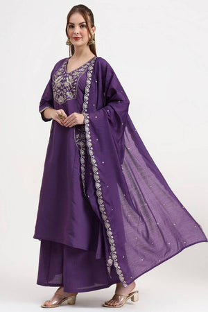 Violet Embroidered Silk Palazzo Suit Set