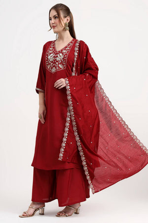 Maroon Embroidered Silk Palazzo Suit Set